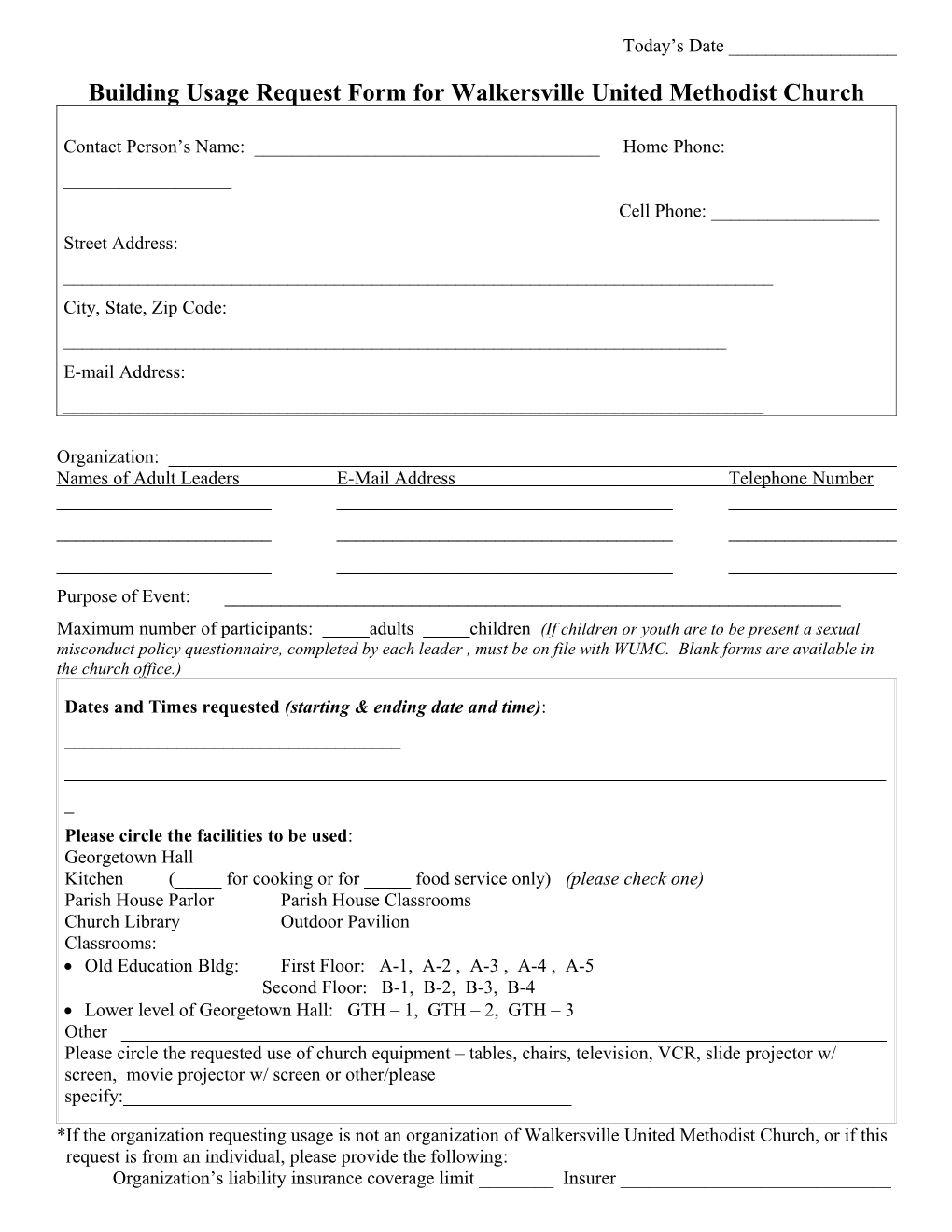 Building Usage Request Form for Walkersville United Methodist Church