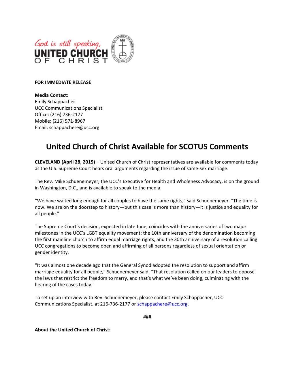 United Church of Christ Available for SCOTUS Comments