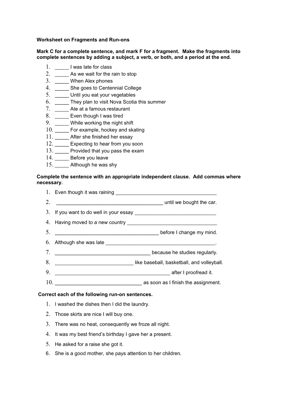 Worksheet on Fragments and Run-Ons