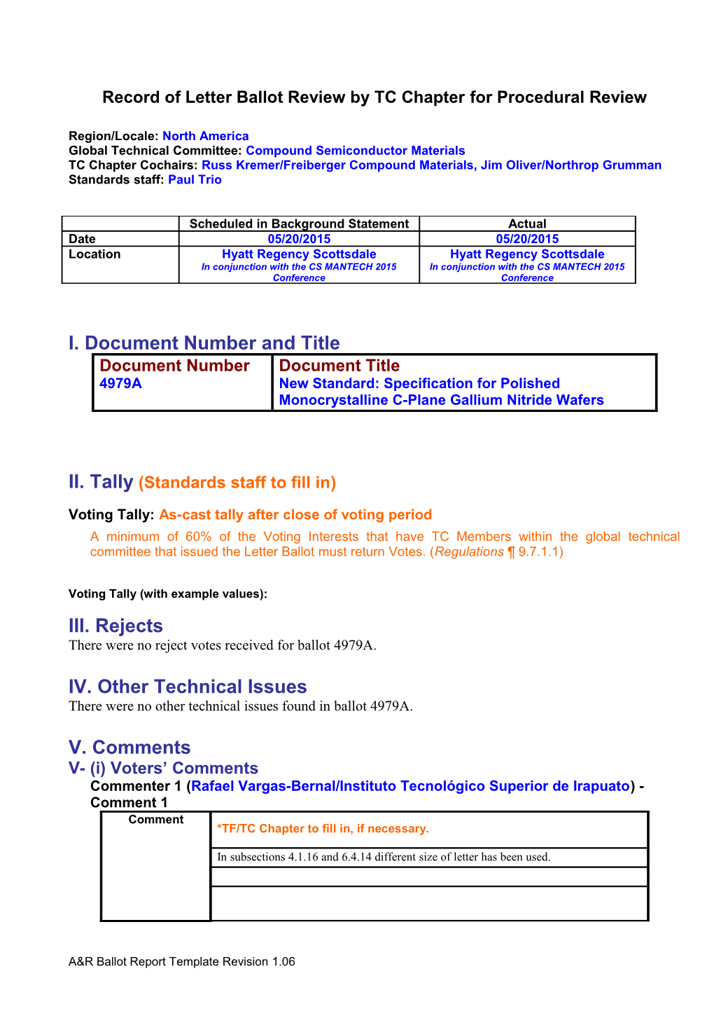 Record of Letter Ballot Review by TC Chapter for Procedural Review