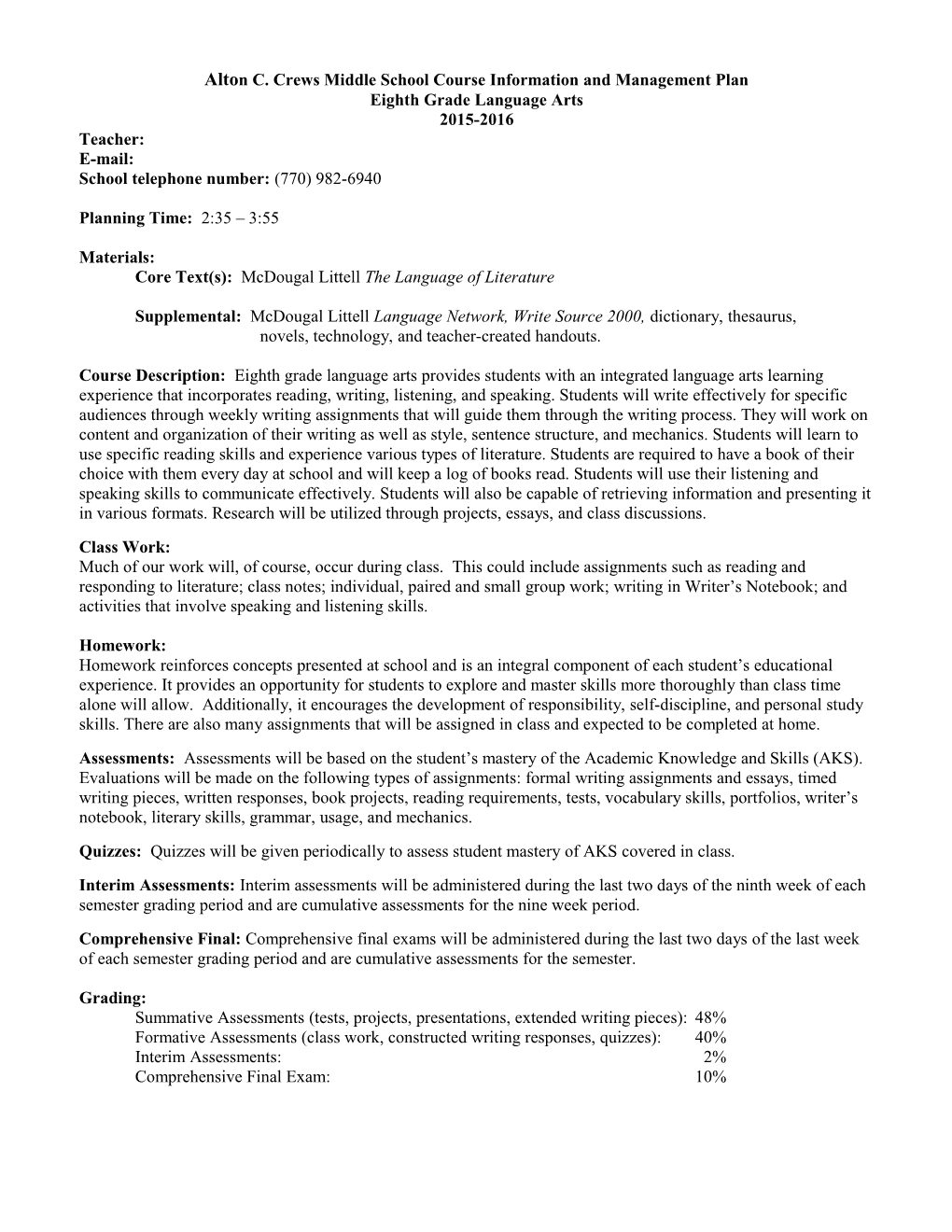 Alton C. Crews Middle School Course Information and Management Plan s1