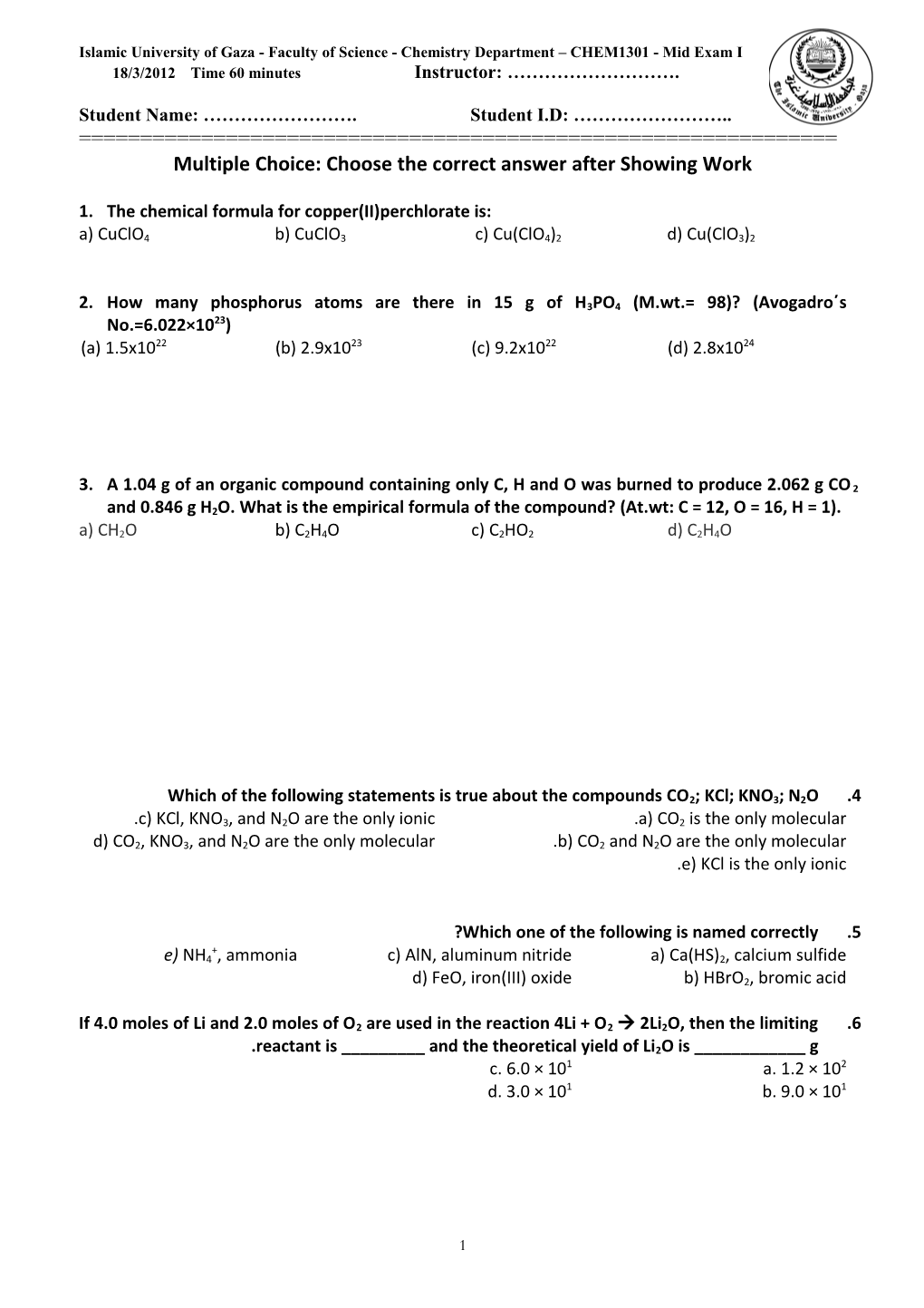 Islamic University of Gaza - Faculty of Science - Chemistry Department CHEM1301 - Mid Exam I