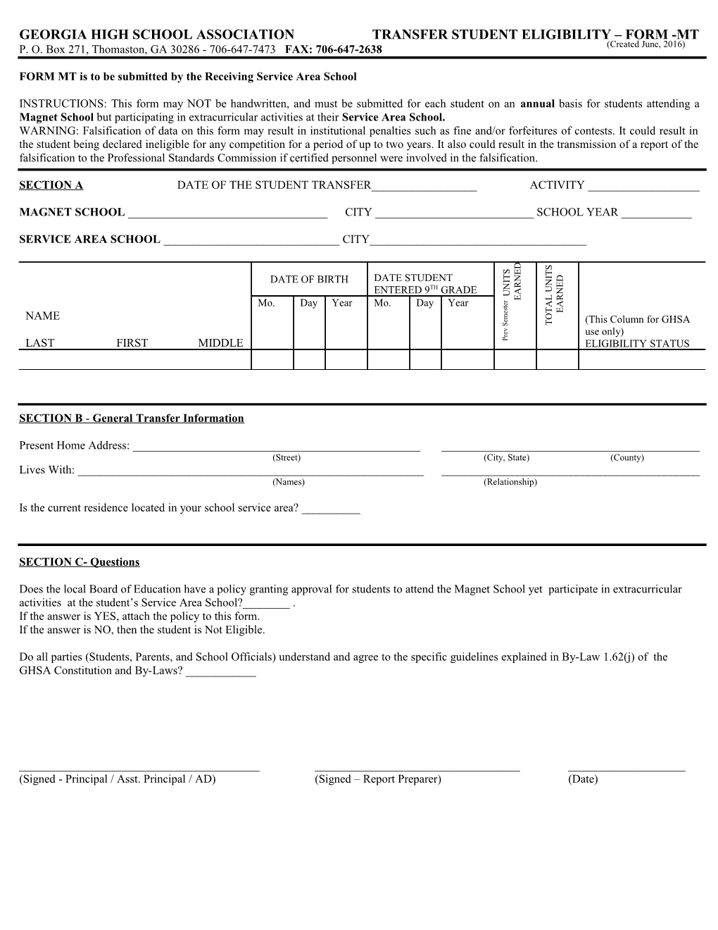 Georgia High School Association Transfer Student Eligibility - Form B