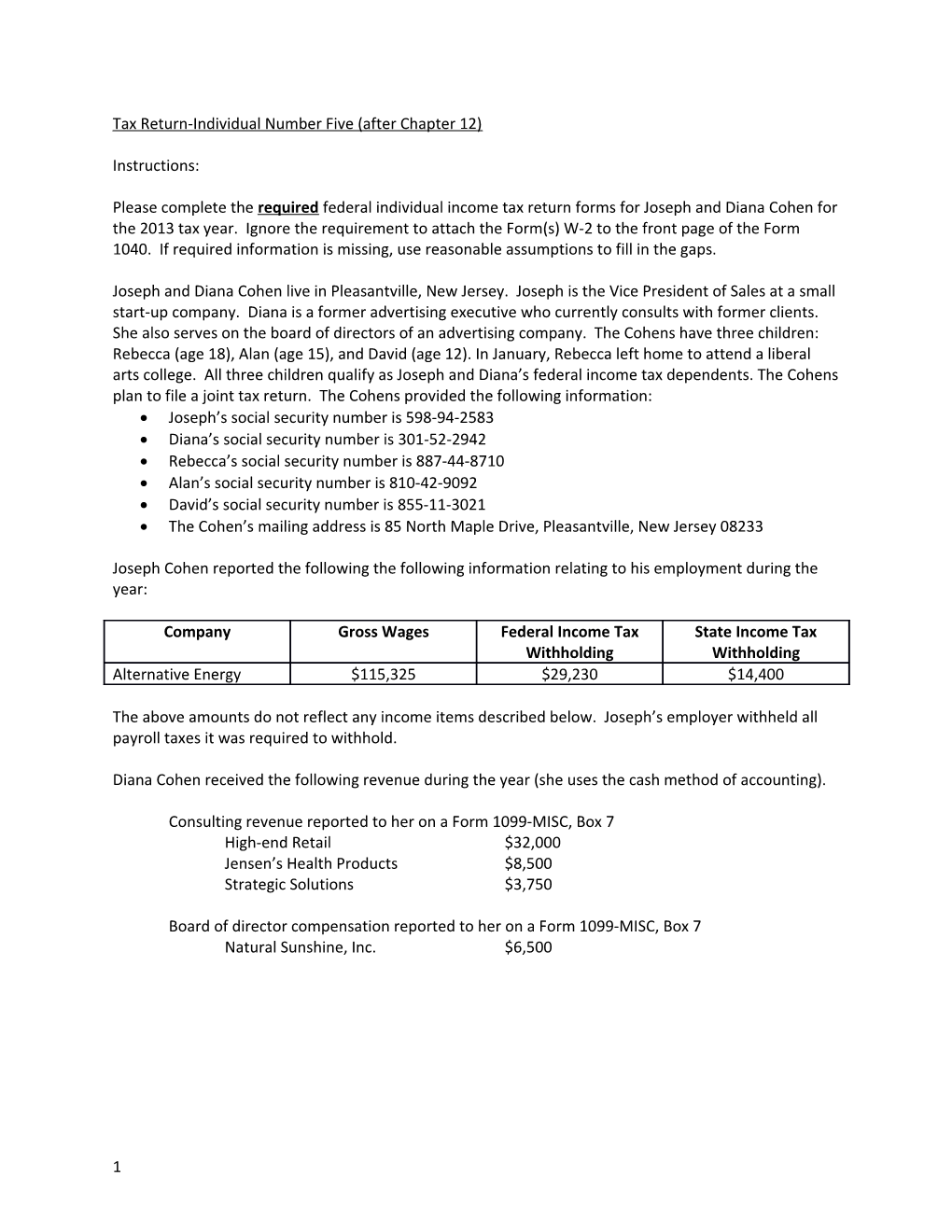 Tax Return-Individual Number Five (After Chapter 12)