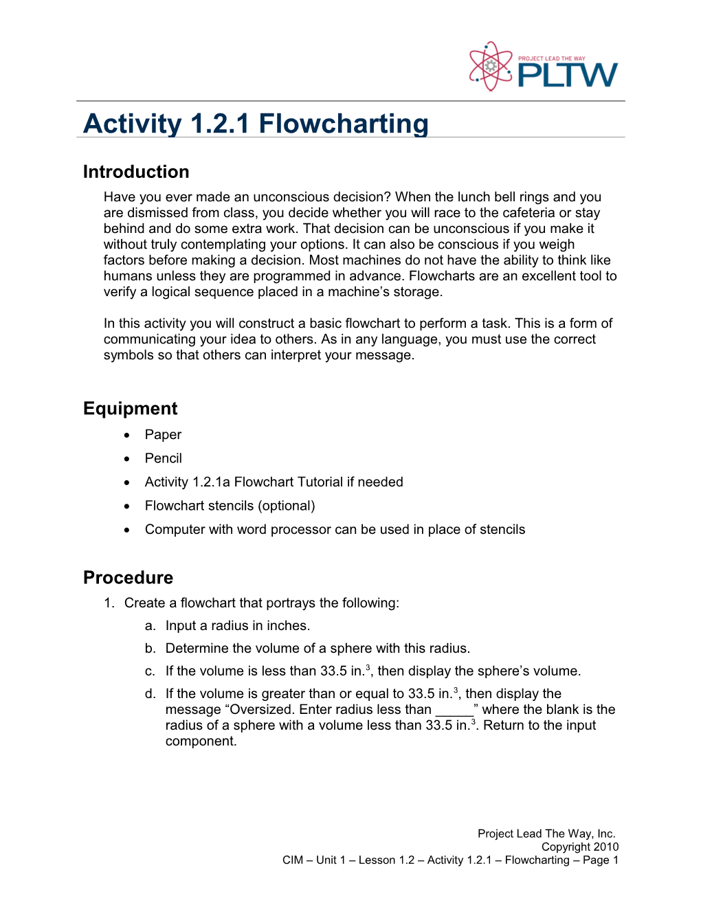 Activity 1.2.1 Flowcharting Introduction