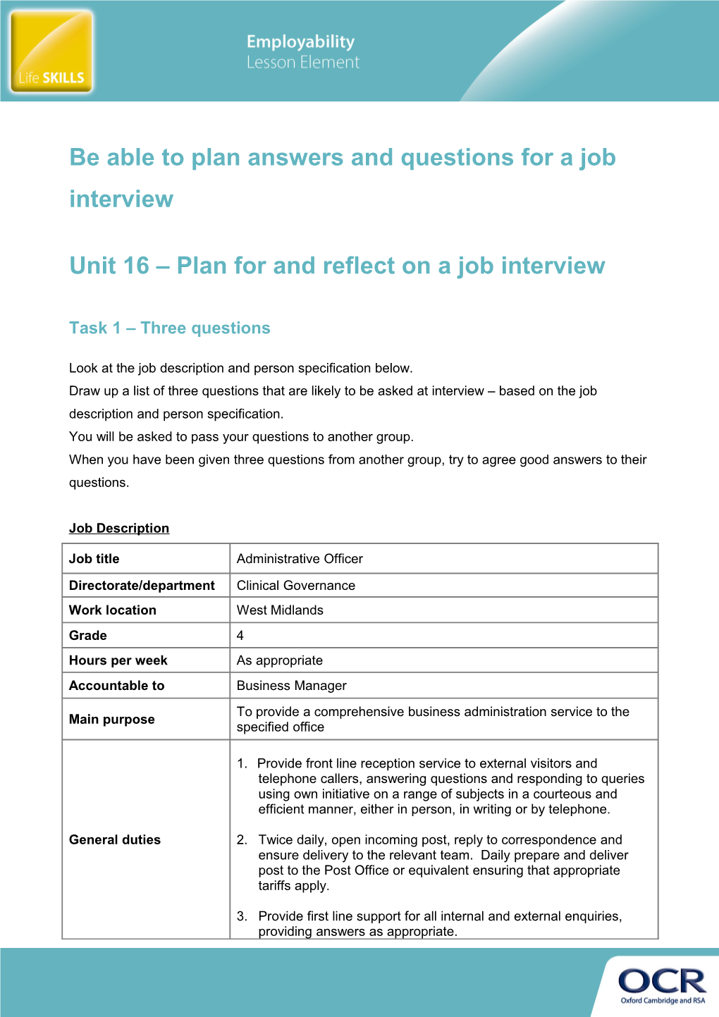 Cambridge Employability - Unit 16 - Be Able to Research Information About a Job
