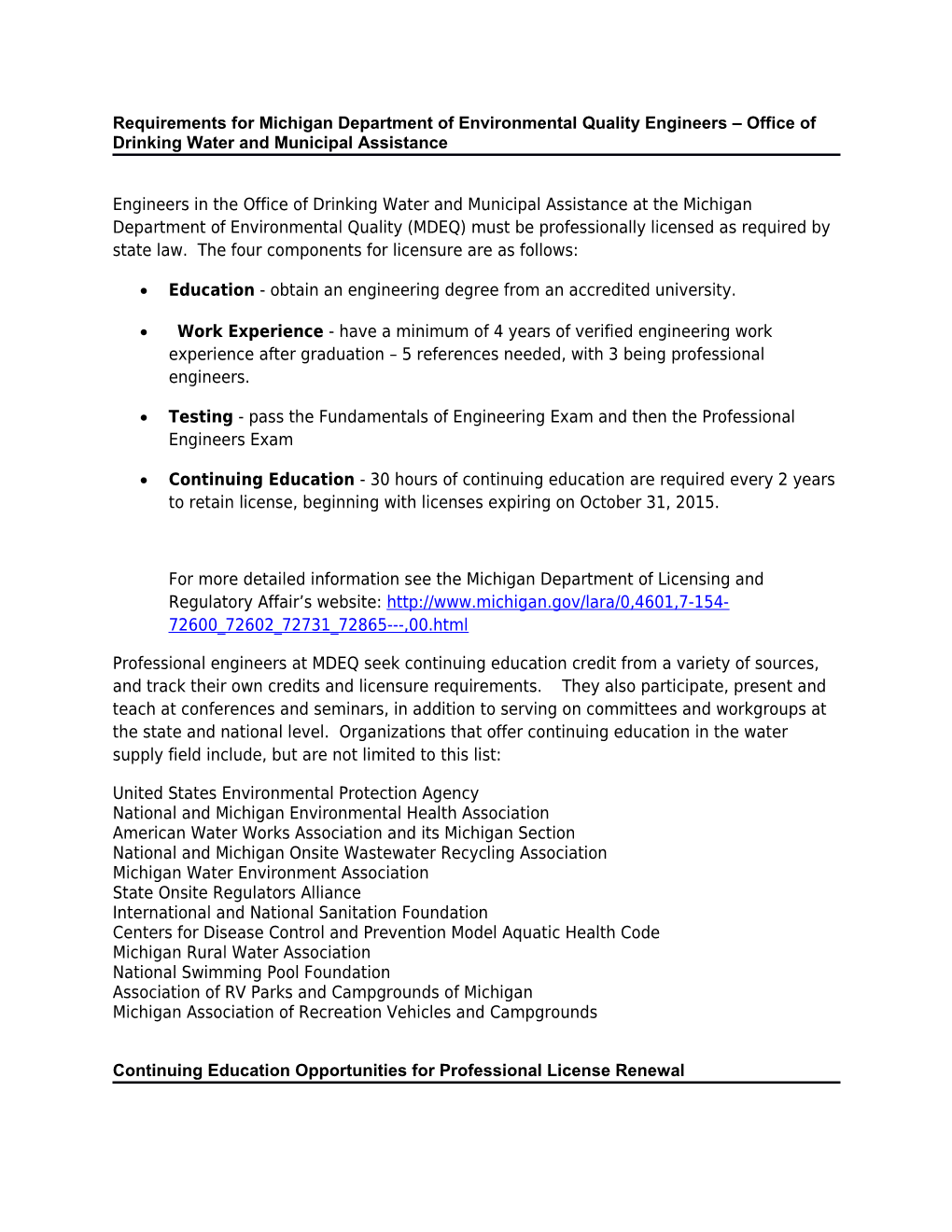 Requirements for Michigan Department of Environmental Quality Engineers Office of Drinking
