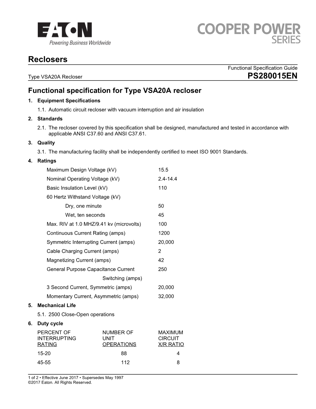 Functional Specification for Types VSA20A Recloser