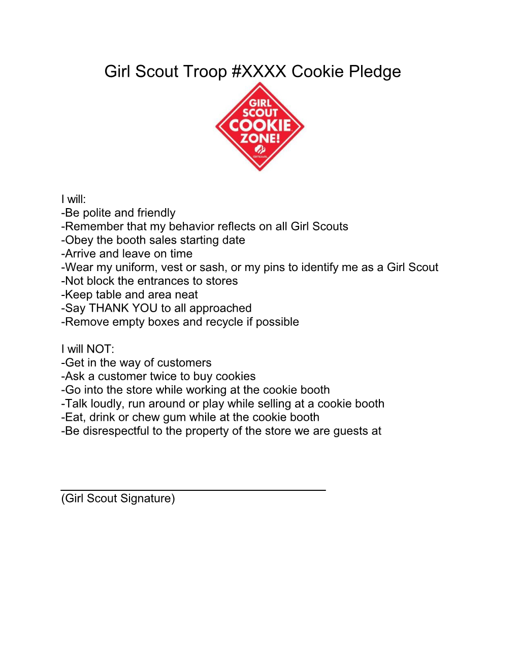 Girl Scout Troop #XXXX Cookie Pledge