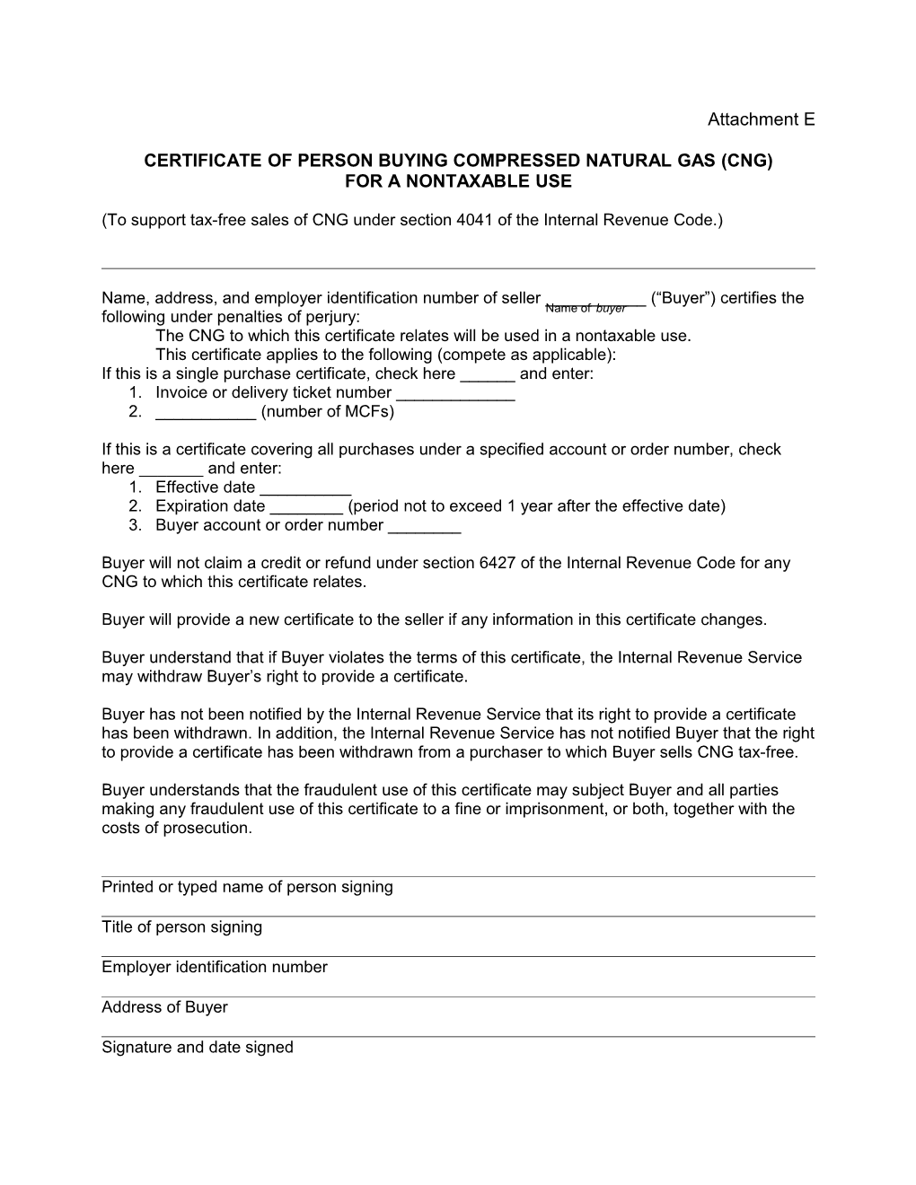 Certificate of Person Buying Compressed Natural Gas (Cng)