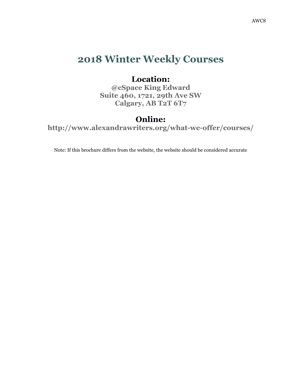 2018 Winter Weekly Courses