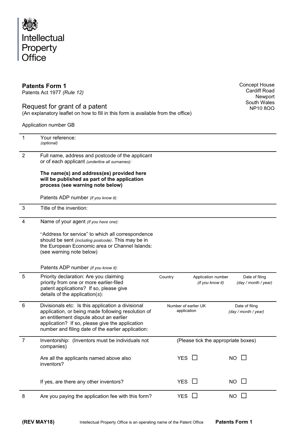 Request for Grant of a Patent