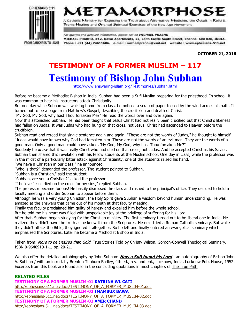 Testimony of Bishop John Subhan