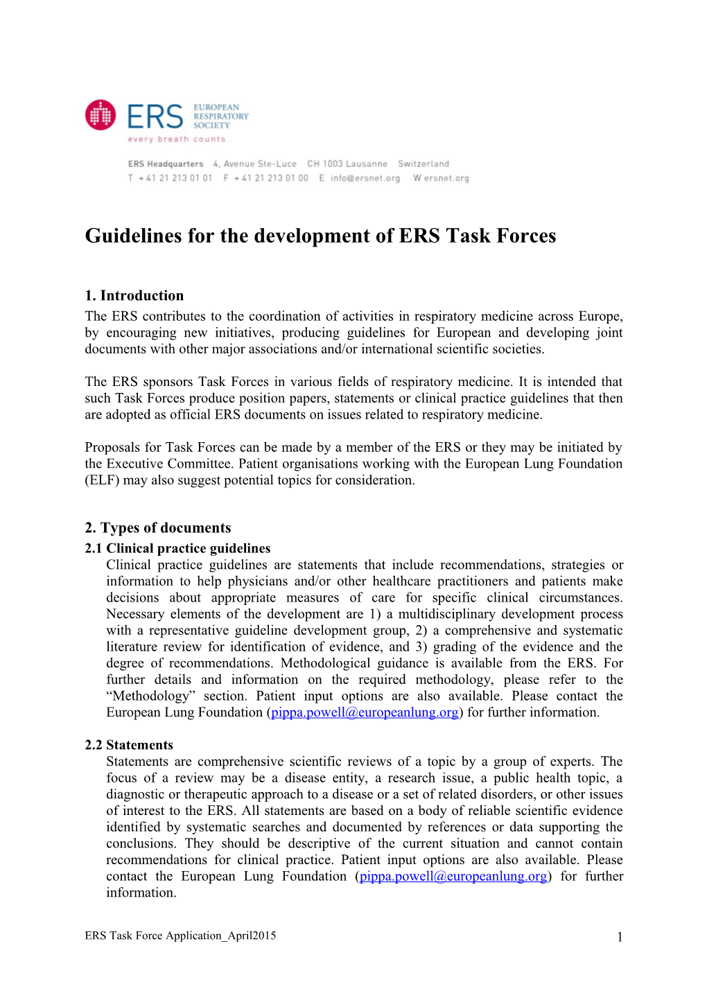 Guidelines for the Development of ERS Task Forces