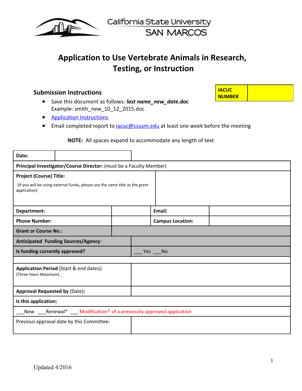 Application to Use Vertebrate Animals in Research, Testing, Or Instruction