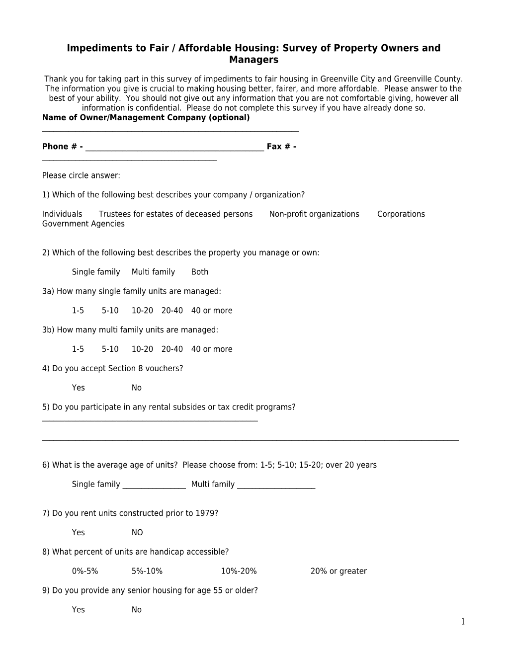 Impediments to Fair Housing: Survey of Property Owners and Managers