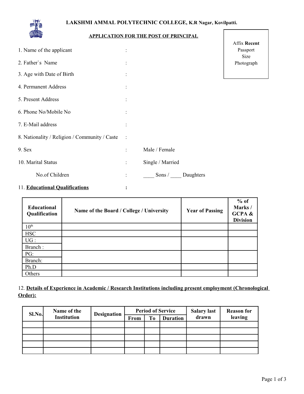 Application for the Post of Principal