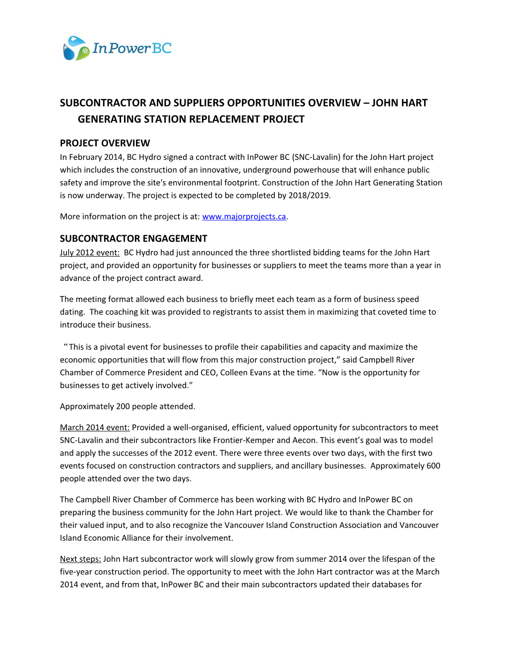 Subcontractor and Suppliers Opportunities Overview John Hart Generating Station Replacement