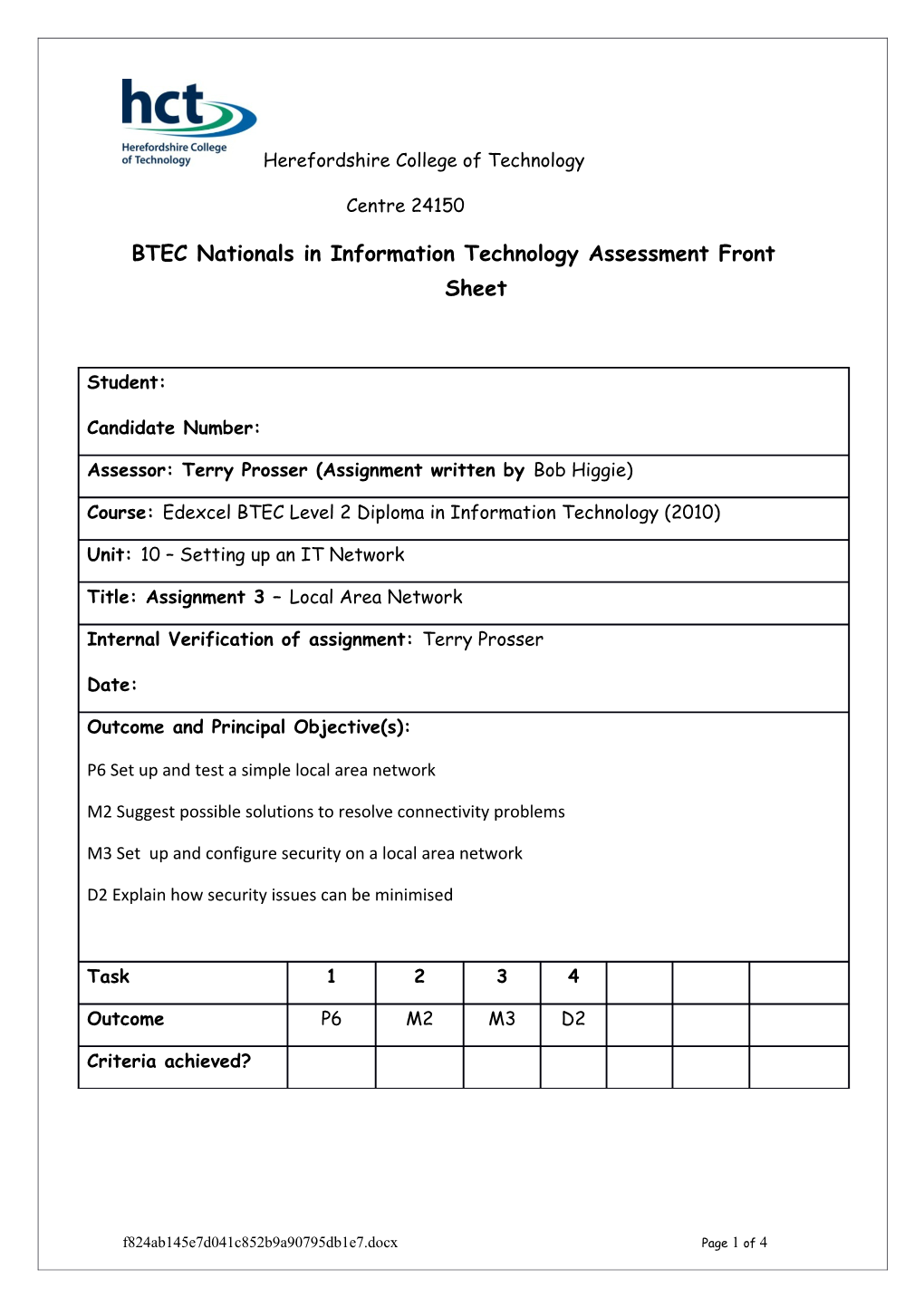 BTEC Nationals in Information Technologyassessment Front Sheet