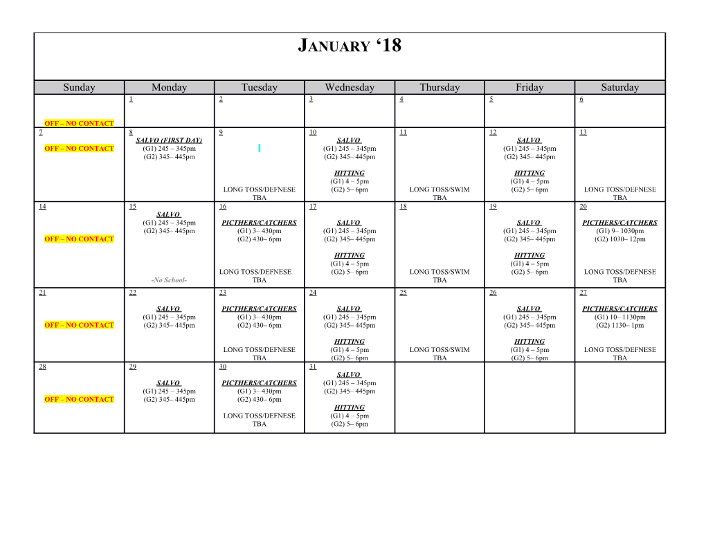 Daily Schedule for the Month of January and February