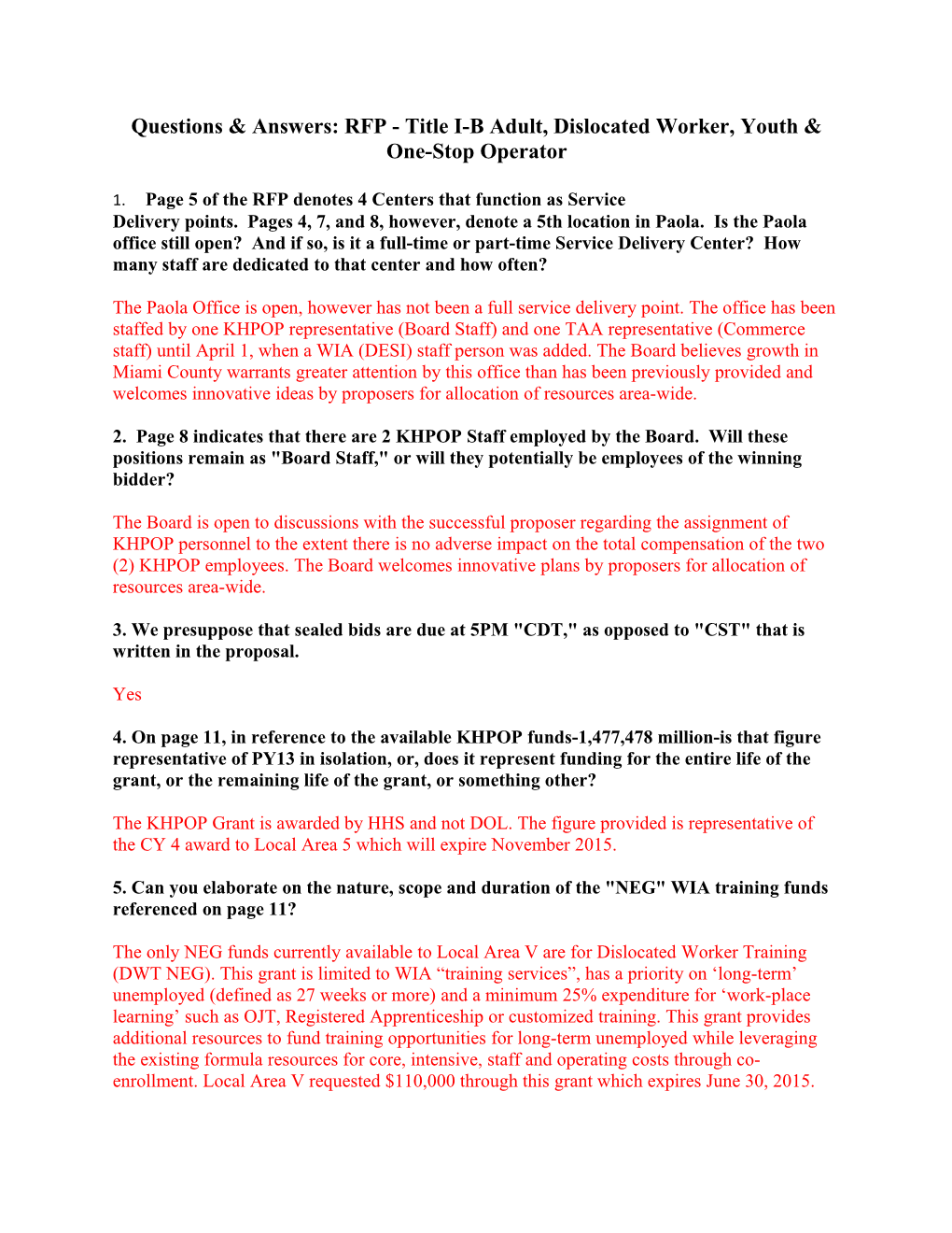 Questions & Answers: RFP - Title I-B Adult, Dislocated Worker, Youth & One-Stop Operator