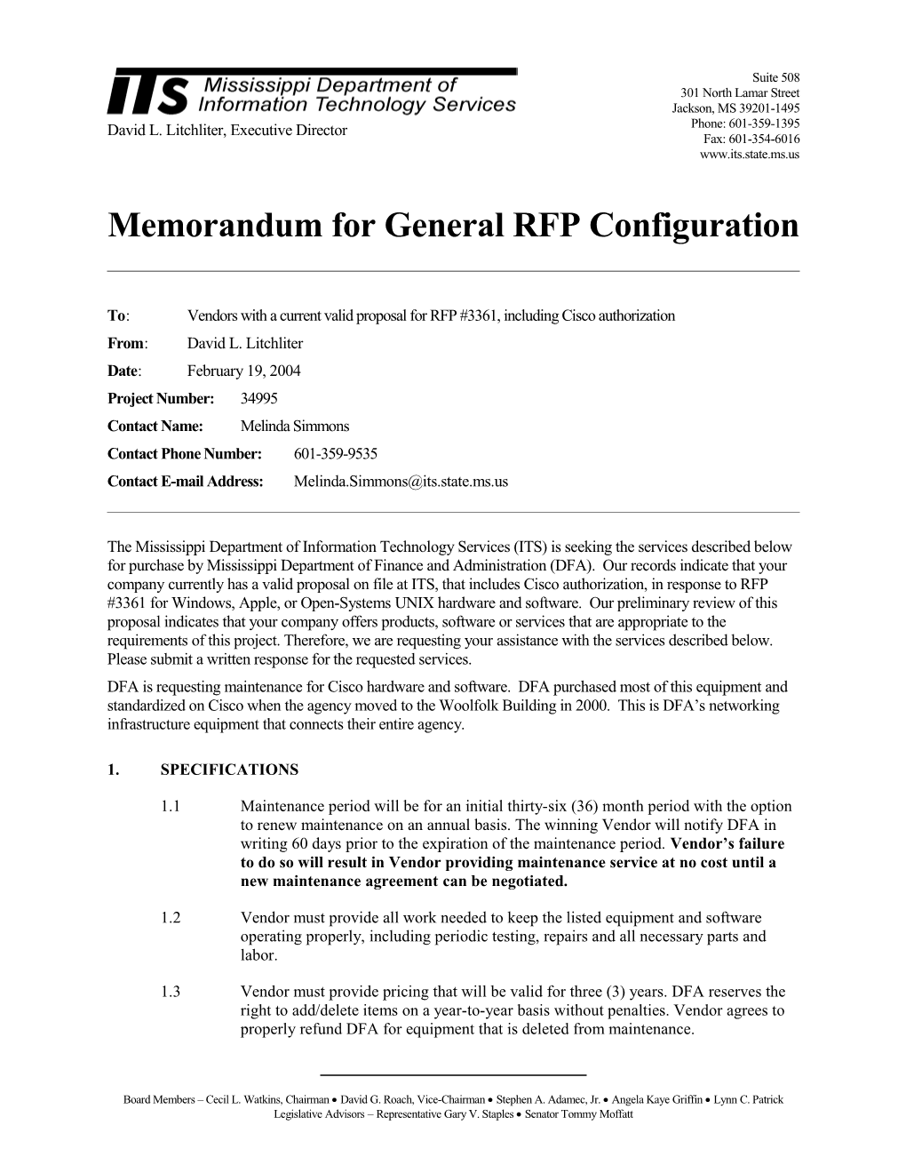 Memorandum for General RFP Configuration s6