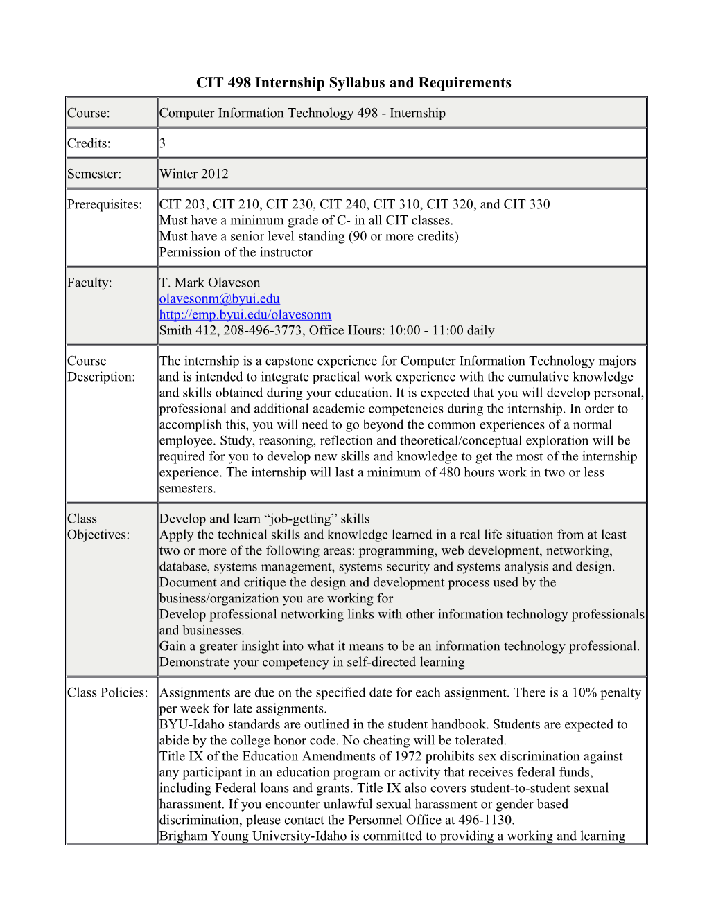 CIT 498 Internship Syllabus and Requirements