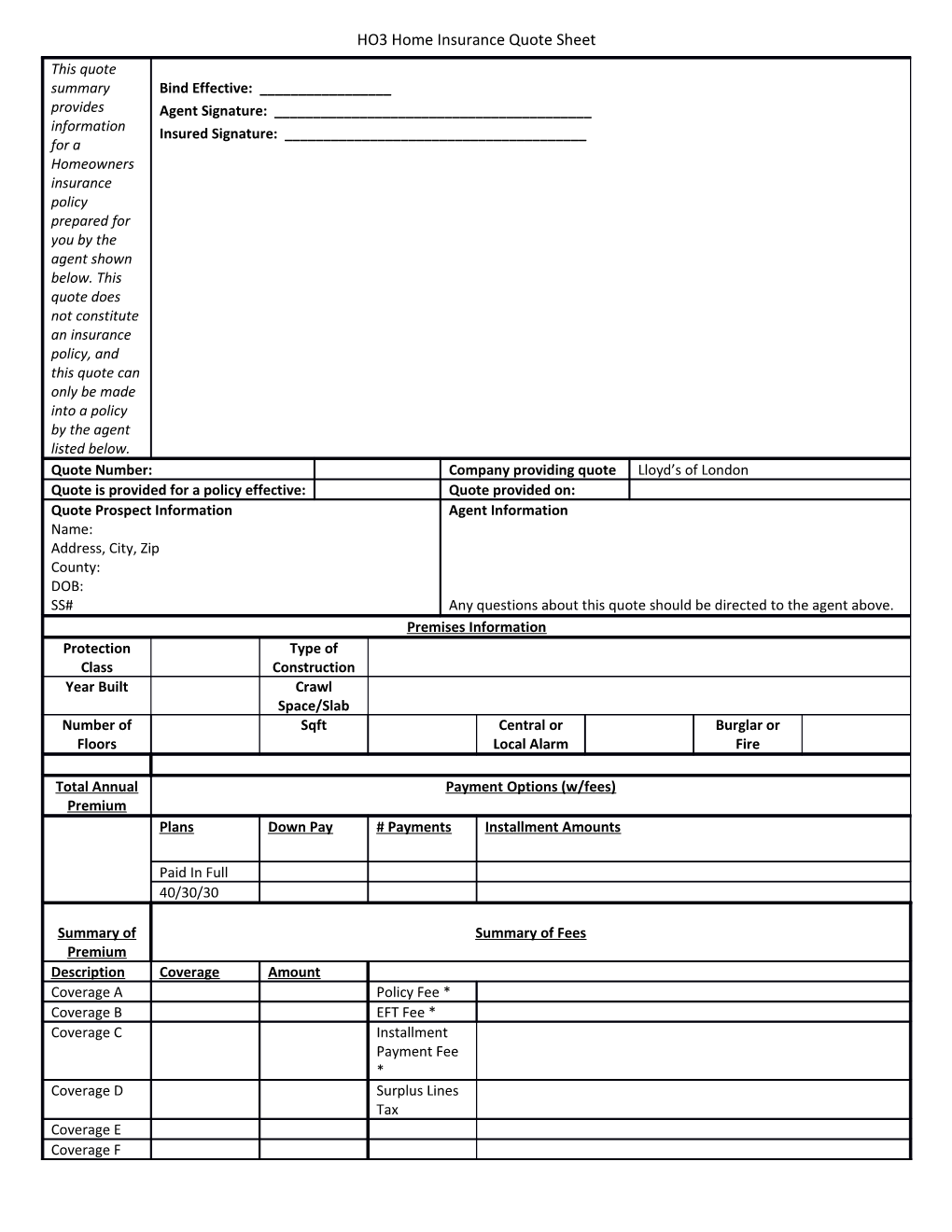 HO3 Home Insurance Quote Sheet