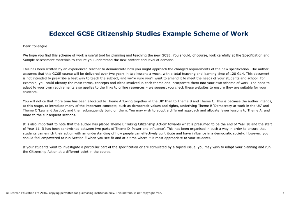 Edexcel GCSE Citizenship Studiesexample Scheme of Work