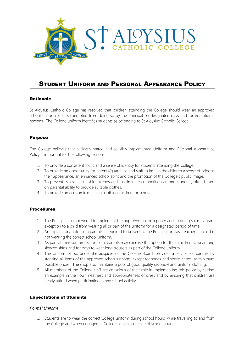 Student Uniform and Personal Appearance Policy