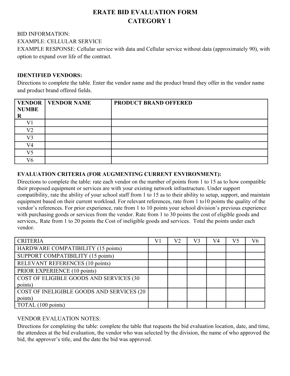 Erate Bid Evaluation Formcategory 1