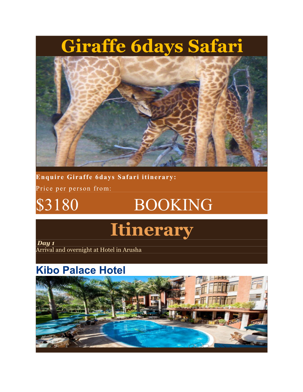 Enquire Giraffe 6Days Safari Itinerary