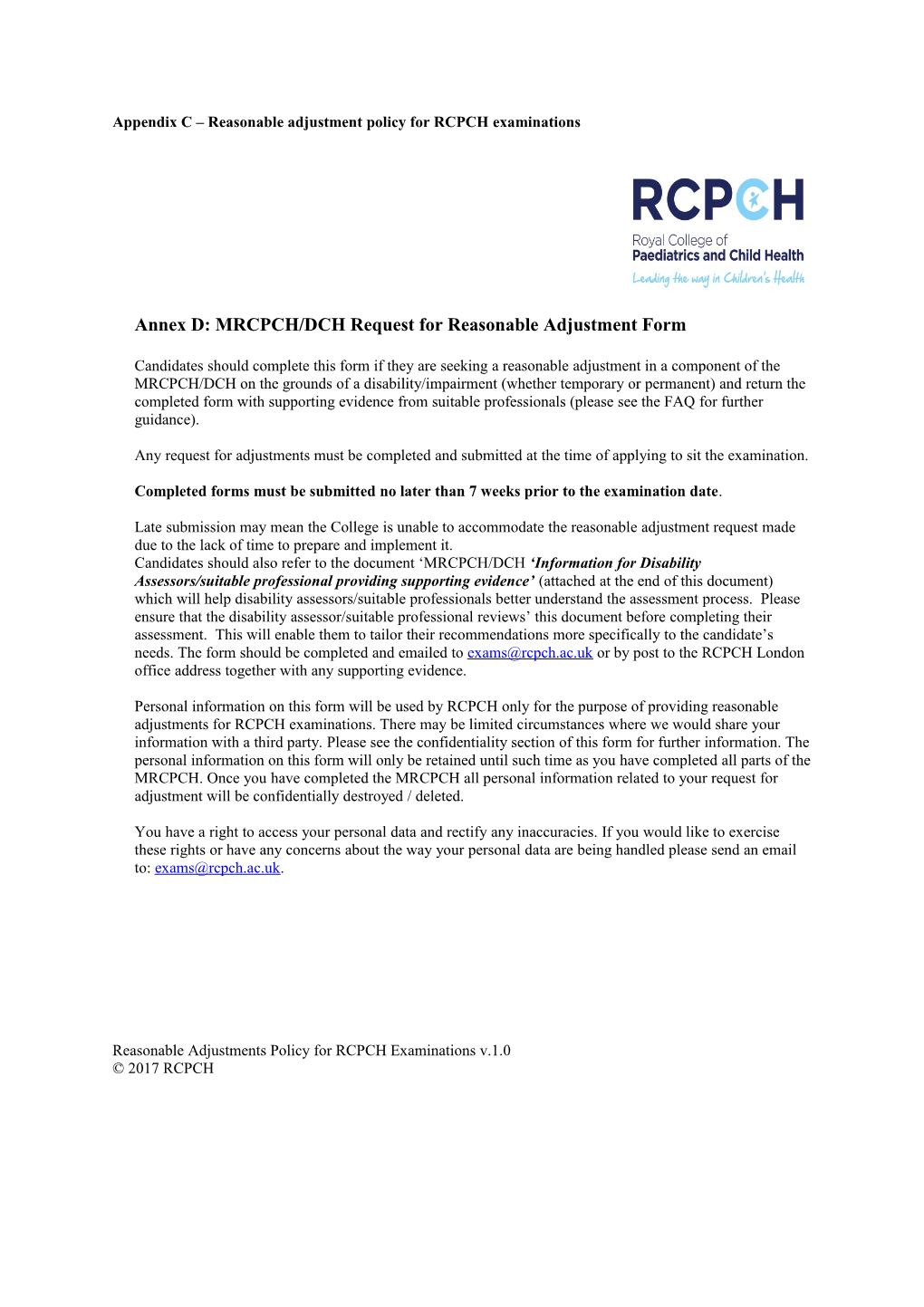 Appendix C Reasonable Adjustment Policy for RCPCH Examinations
