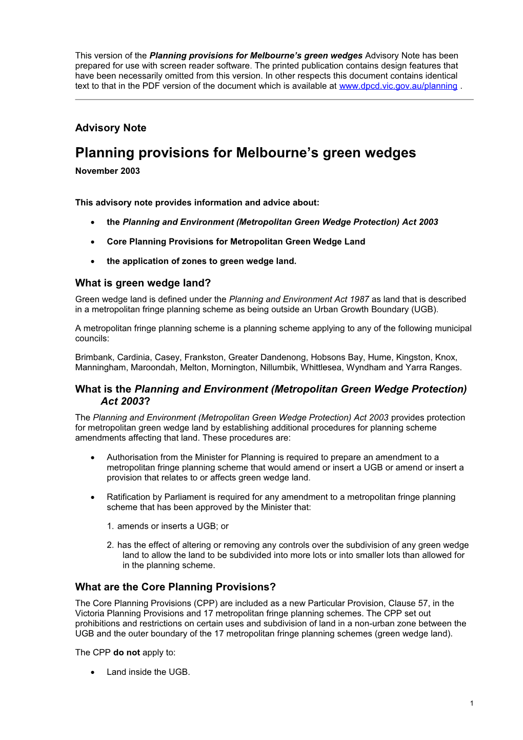 Planning Provisions for Melbourne's Green Wedges
