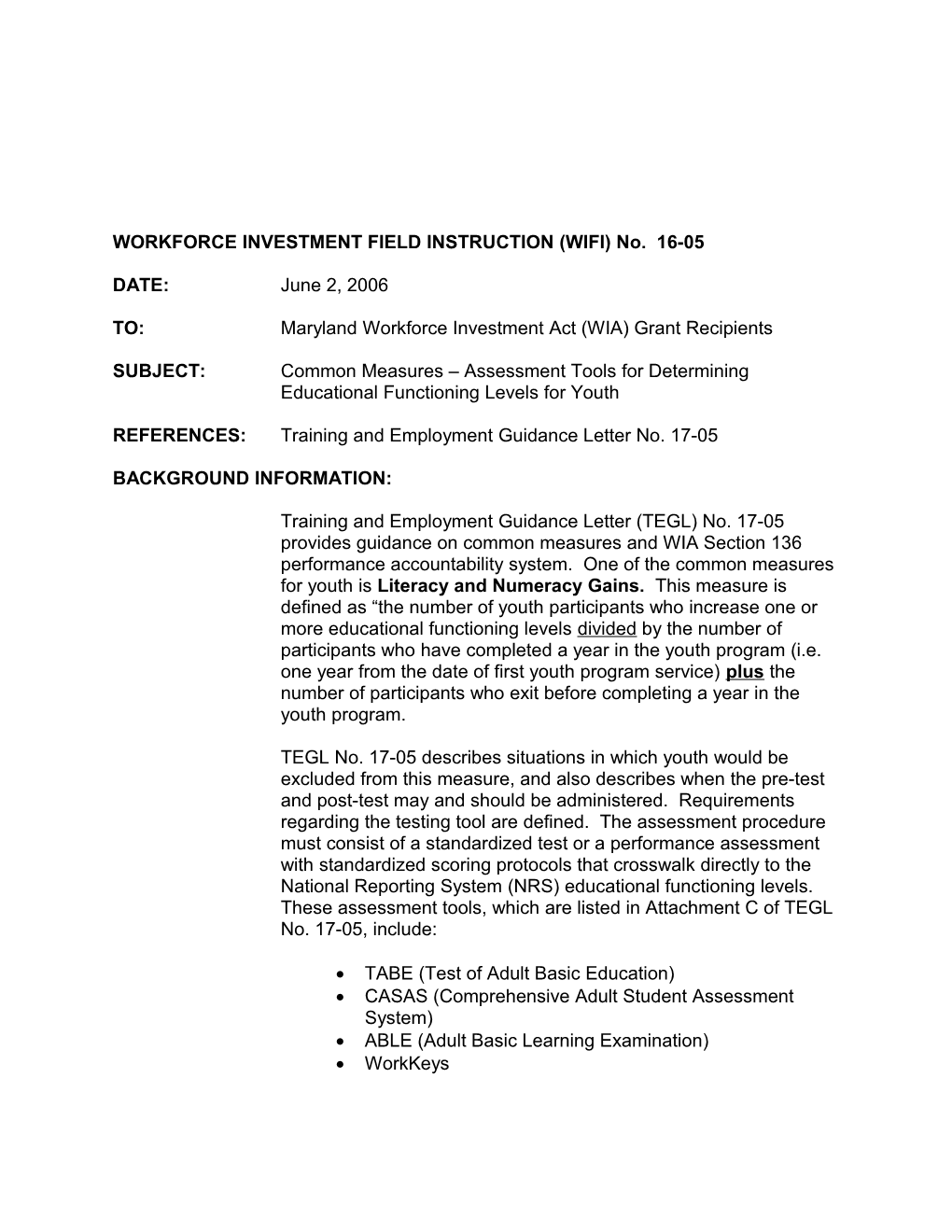 WORKFORCE INVESTMENT FIELD INSTRUCTION (WIFI) No s4