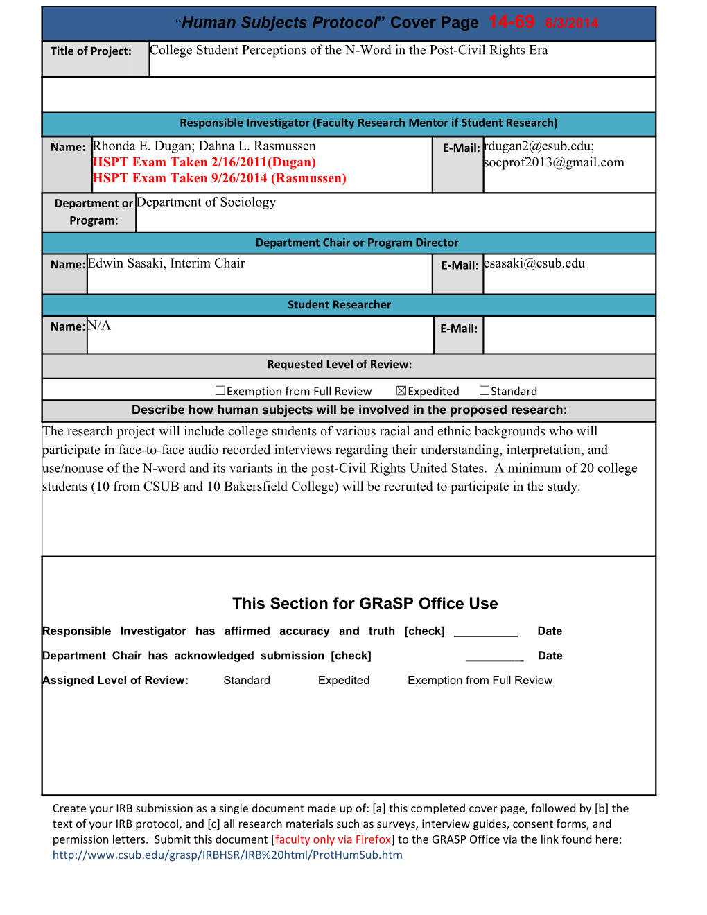 Human Subjects Protocol Cover Page 14-69 6/3/2014