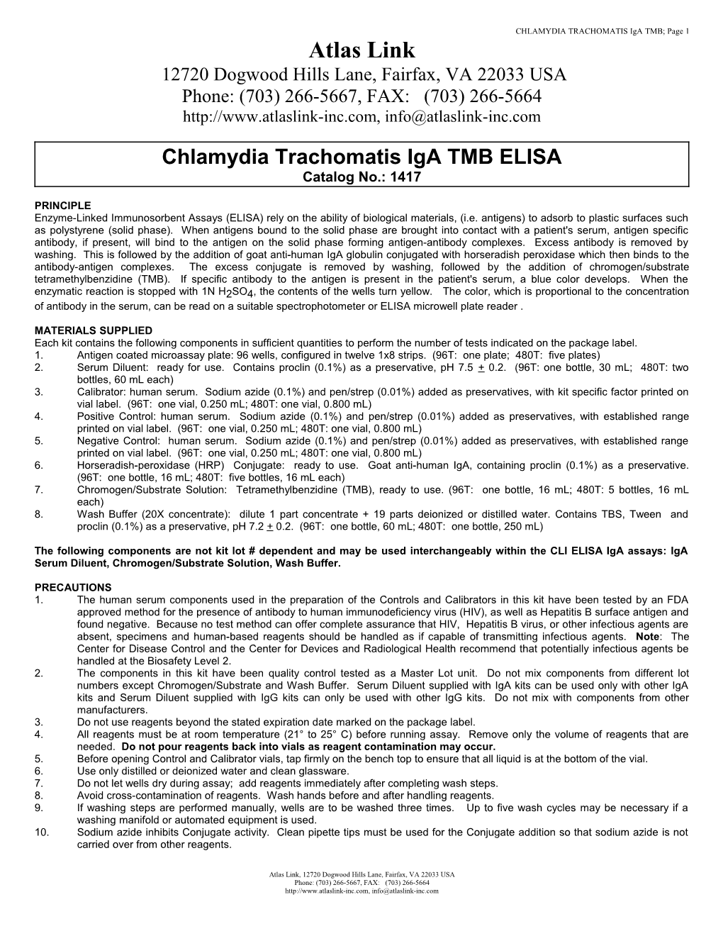 Chlamydia Trachomatis Iga TMB ELISA