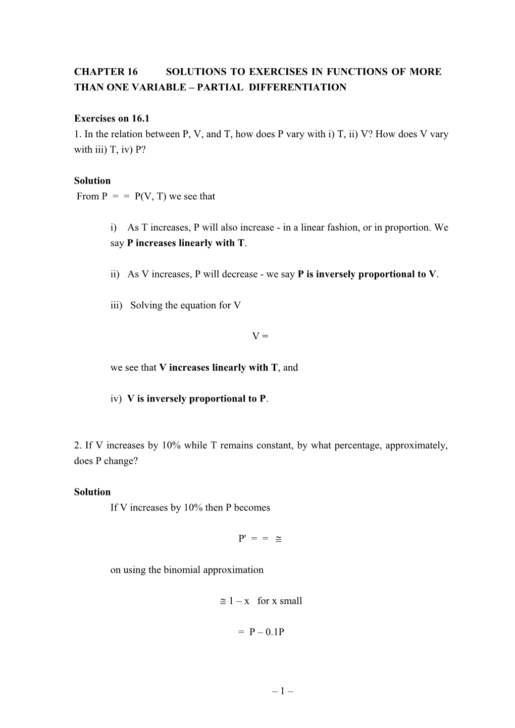 Chapter 16Solutions to Exercises in Functions of More Than One Variable Partial Differentiation