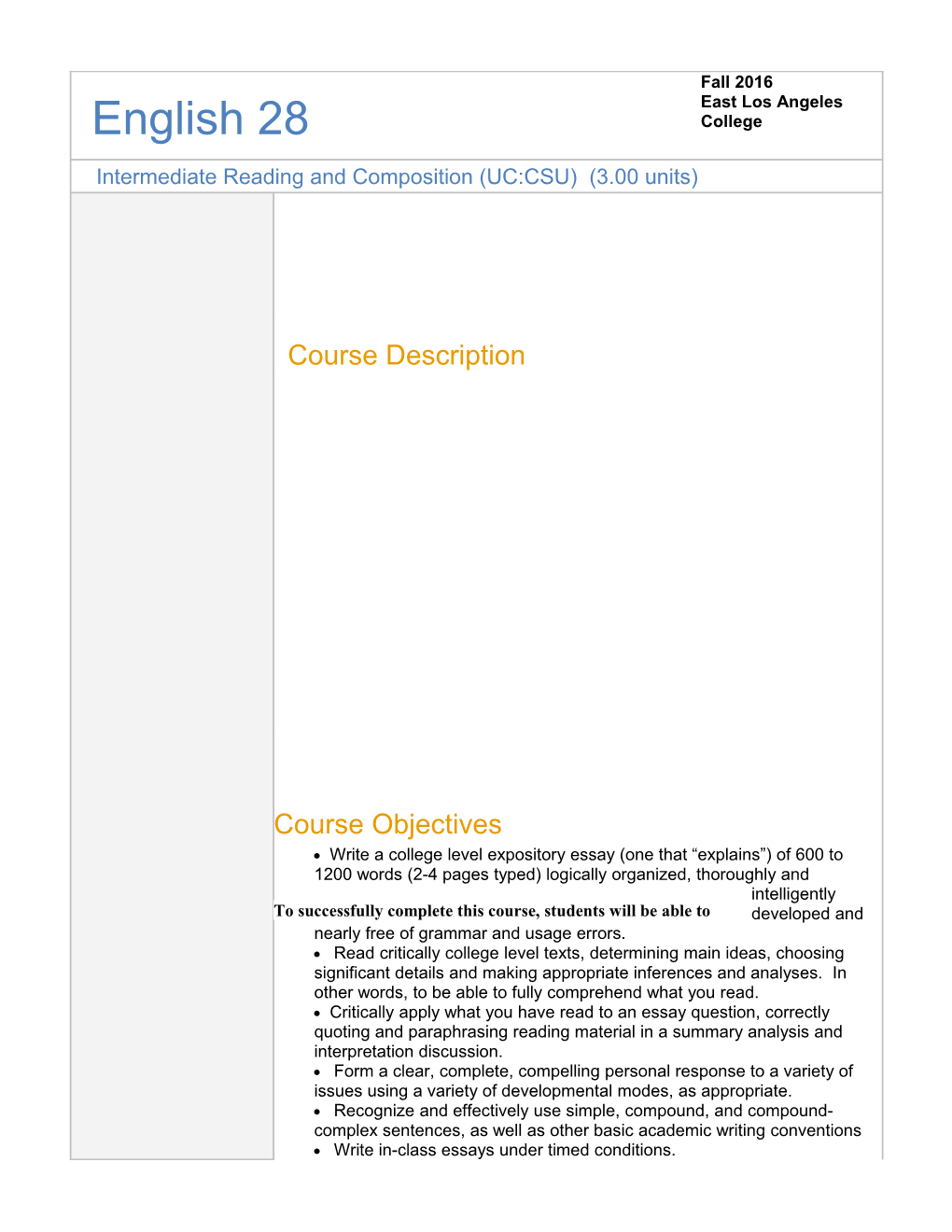 Intermediate Reading and Composition (UC:CSU) (3.00 Units)