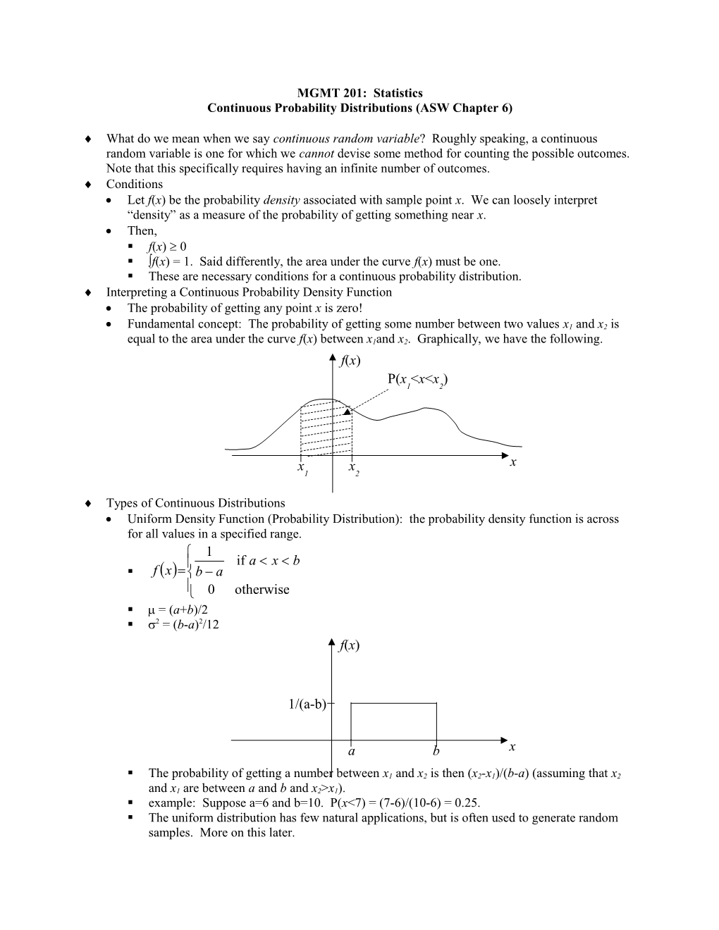 Continuous Probability Distributions (ASW Chapter 6)
