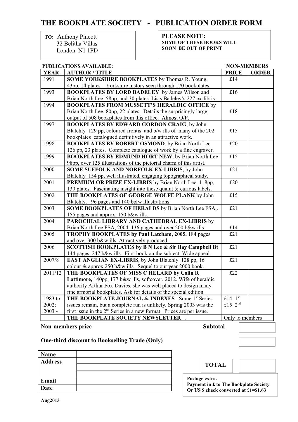 The Bookplate Society - Publication Order Form