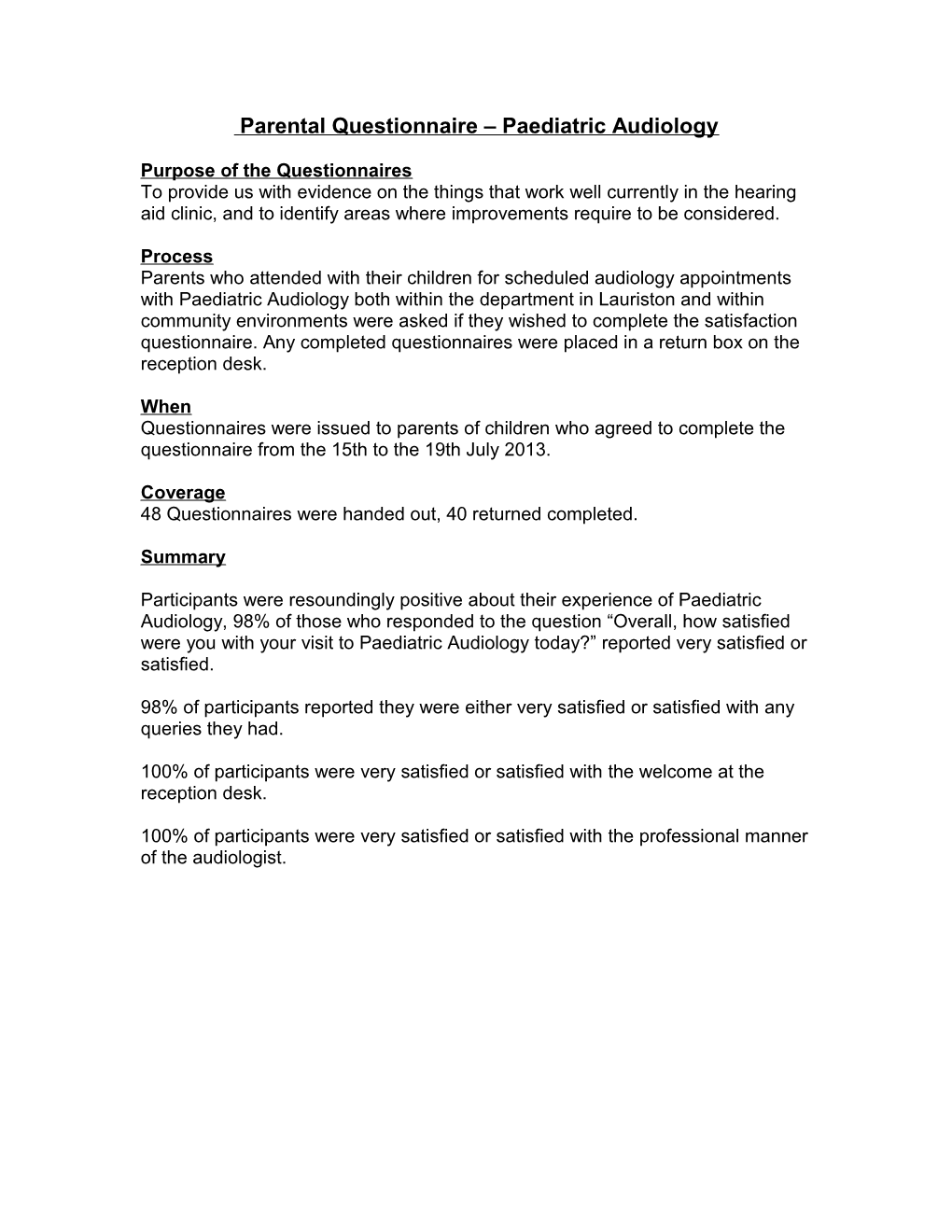 Paediatric Audiology Parental Questionaire July 2013 Final Report