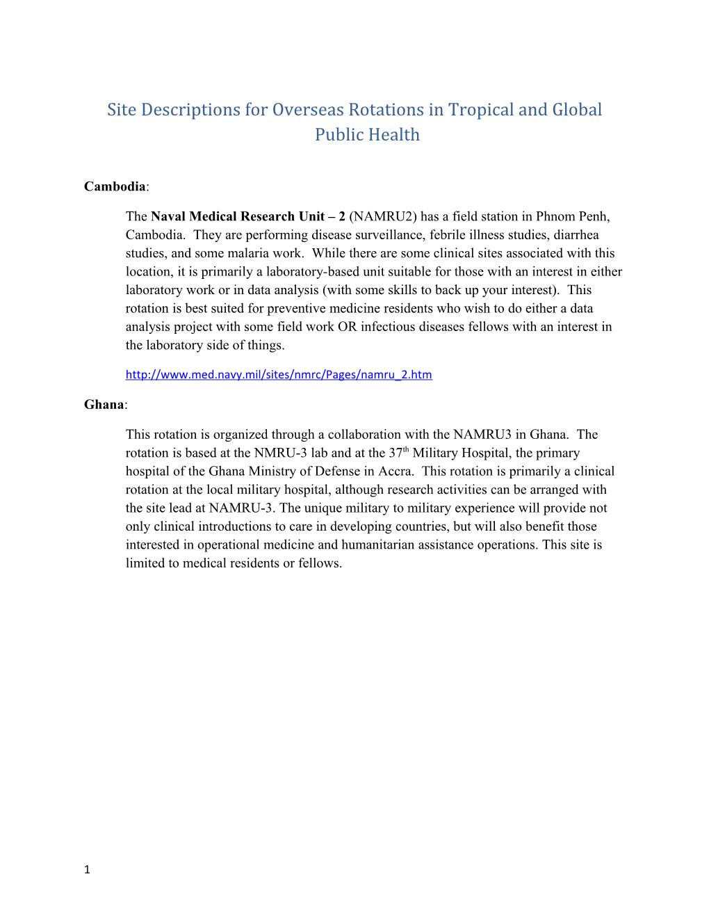 Site Descriptions for Overseas Rotations in Tropical and Global Public Health