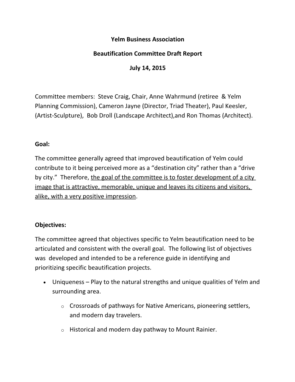 Beautification Committee Draft Report