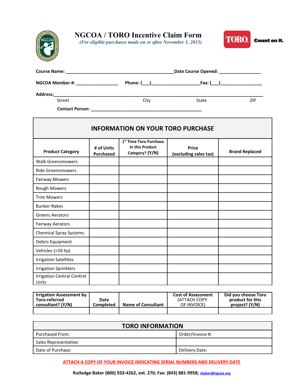 Ngcoa / Toro Incentive Form