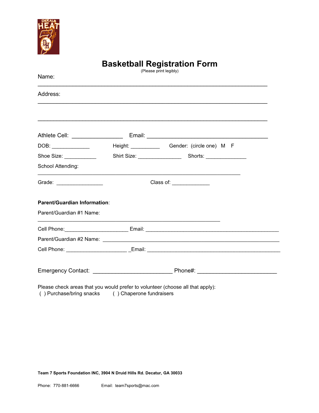 Basketball Registration Form