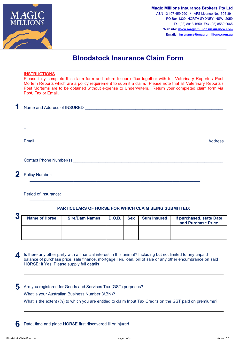 Bloodstock Insurance Claim Form