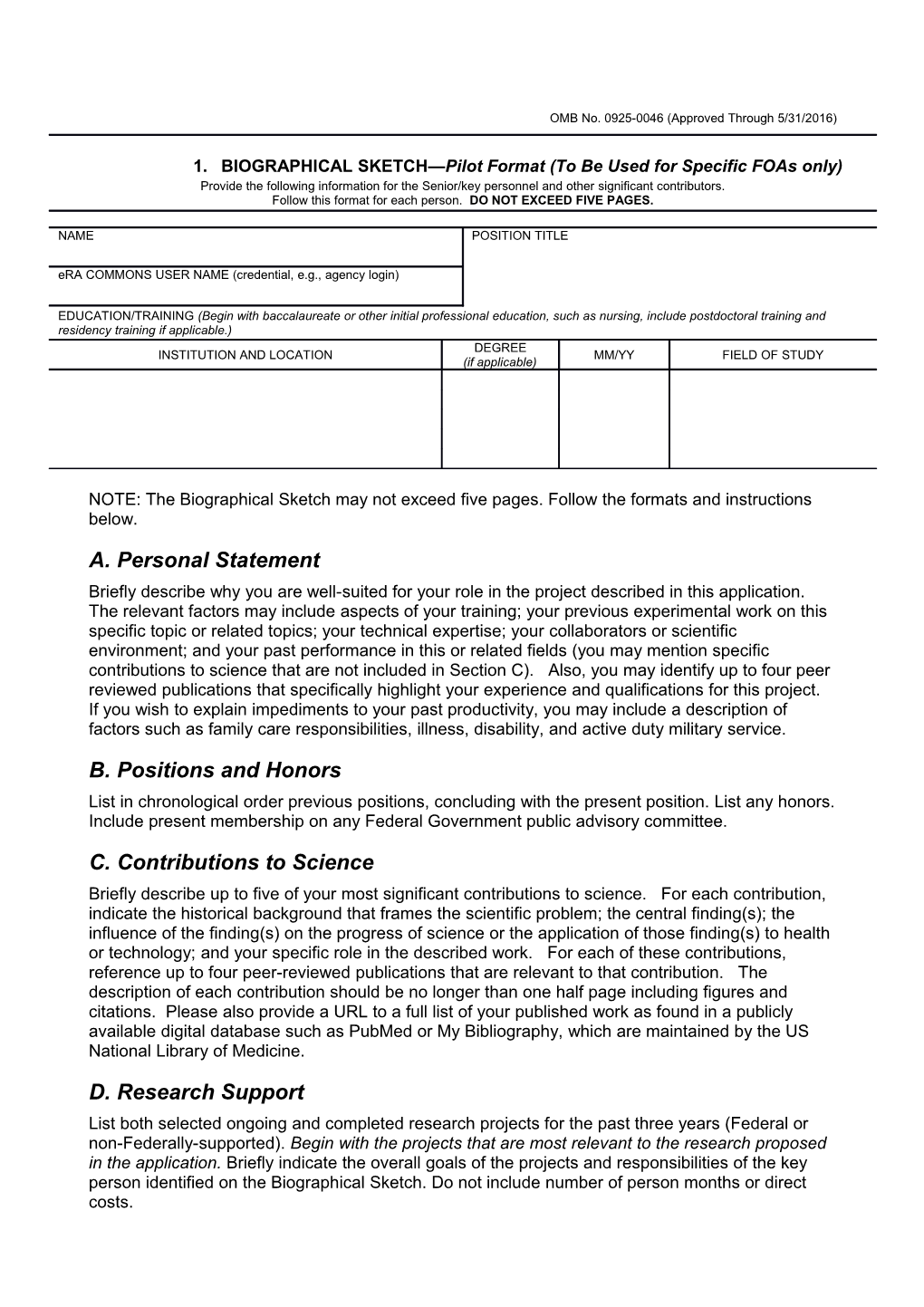 OMB No. 0925-0046, Biographical Sketch - Pilot Format Page - Sample