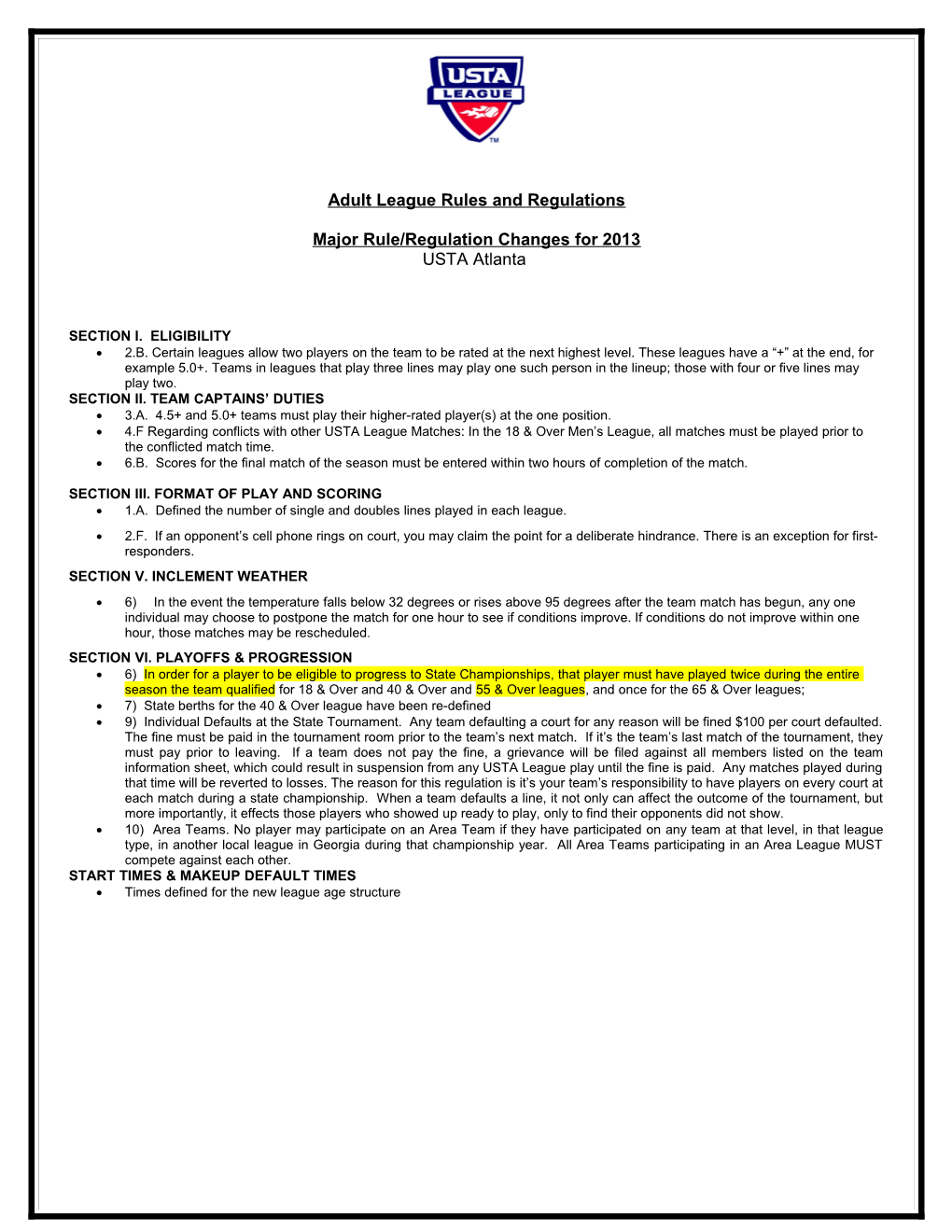 Adult League Rules and Regulations