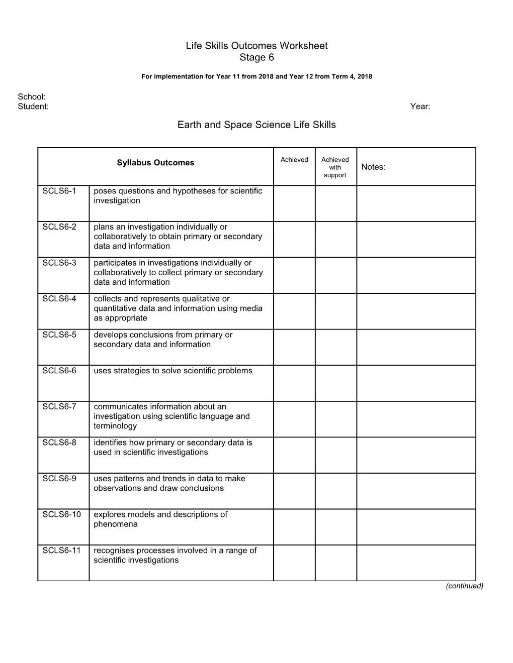 Life Skills Outcomes Worksheet - Earth and Space Science